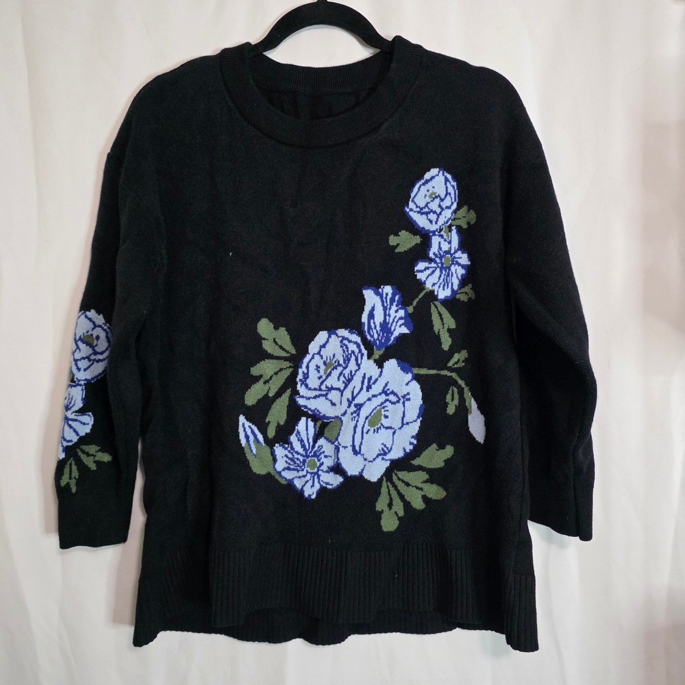Bloomchic Floral Sweater Womens 12 Black Blue Rose Cottagecore Knit Pullover Top